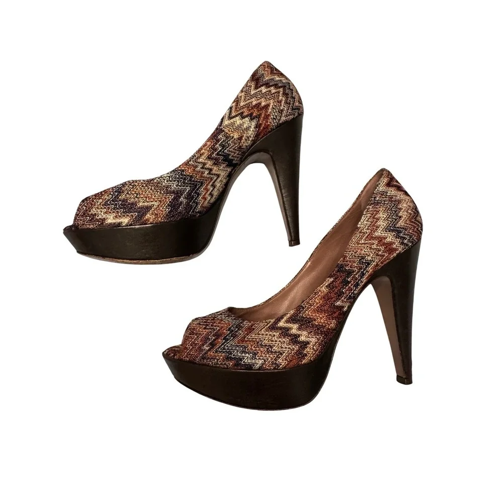 Missoni Women's Heels Size 37.5‎ Multicolor Zigzag Peep Toe Platform Pumps